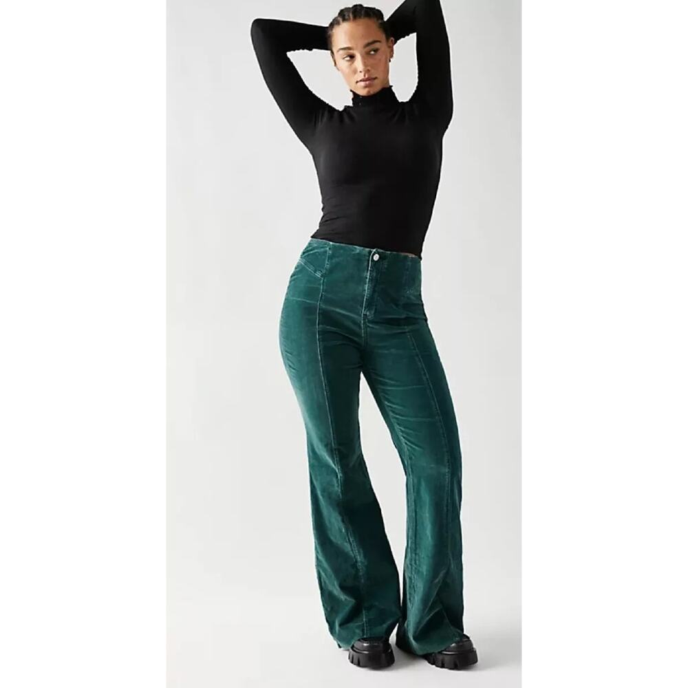 Free People CRVY Wild Honey Cord Flare Pant High Rise Raw Hem Green Pant Size 27